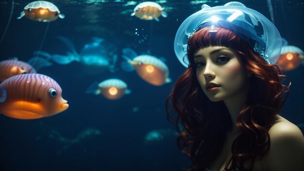 Foto immagine di una bella ragazza sotto l'oceano profondo con pesci e meduse