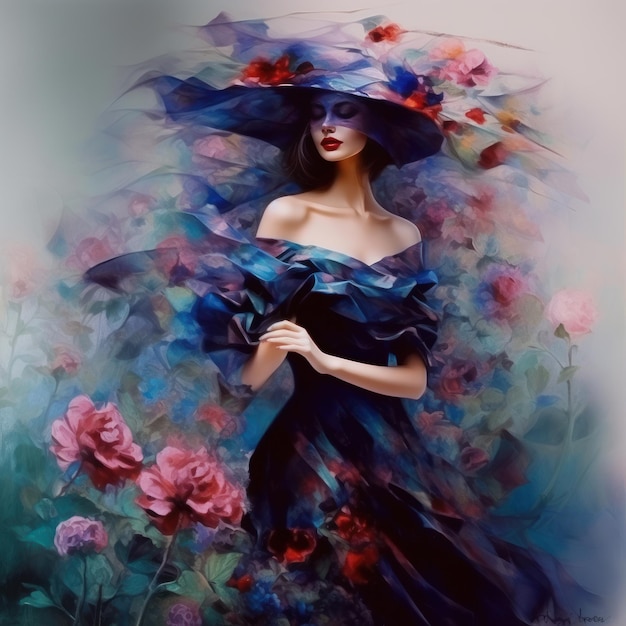 Image of beautiful girl with flowers painting generative AI