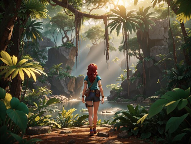 Image of beautiful girl with short adventure walking in the jungle