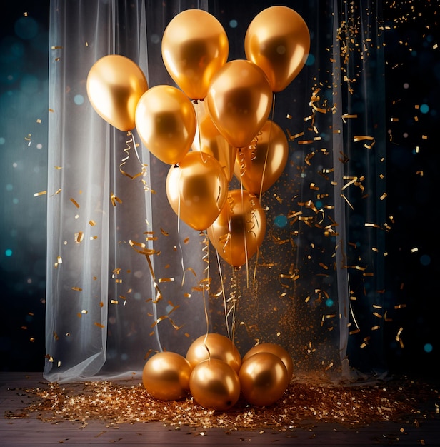 Image of beautiful golden balloons and confetti