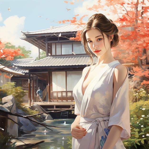 image of beautiful Japanese girl Minka's house background