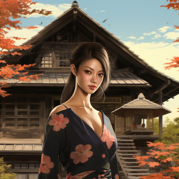 Photo image of beautiful japanese girl minka's house background