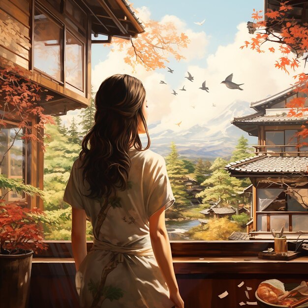 Photo image of beautiful japanese girl minka's house background