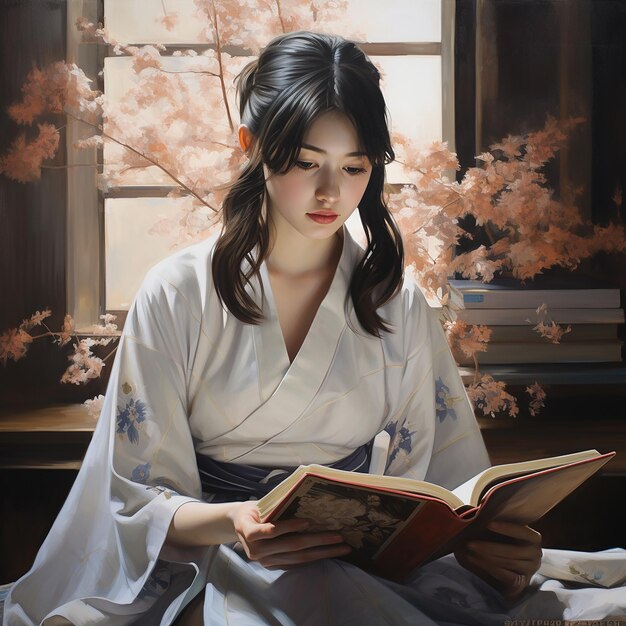 image of beautiful Japanese school girl reading