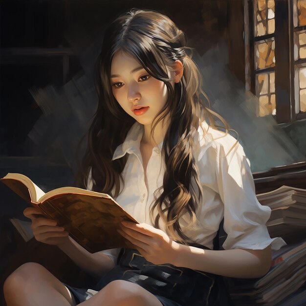 image of beautiful Japanese school girl reading