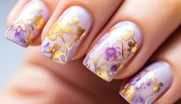 образ красивого ногтя с цветочным рисунком в стиле светло-фиолетового и золотого
