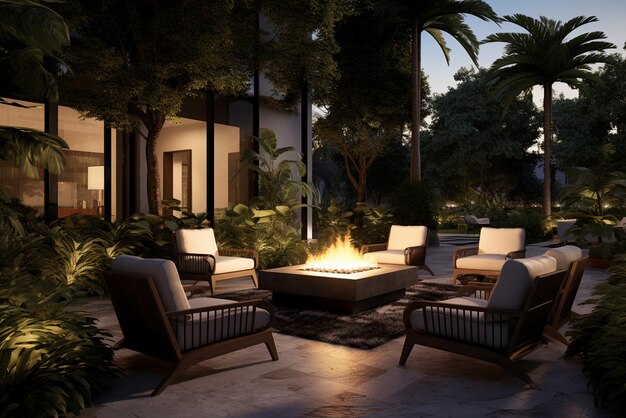 An image of a beautiful outdoor seating area with several luxurious chairs arranged around a fire pit