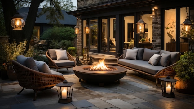 An image of a beautiful outdoor seating area with several luxurious chairs arranged around