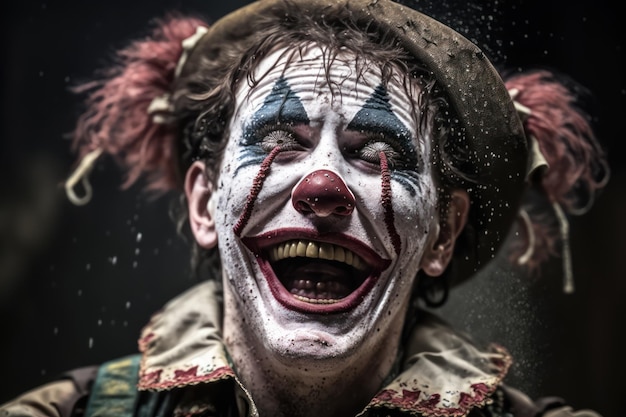 Photo image of a beautiful smiling clown with tears of joy on his face symbolizes the purity and innocence of the circus