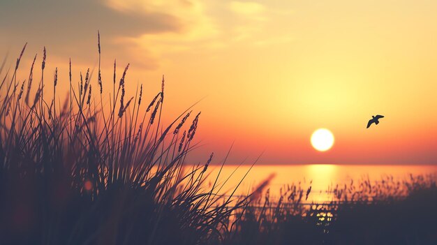 Image of a beautiful sunset over the ocean The sun is setting behind the tall grass casting a warm glow over the scene A bird is flying in the sky