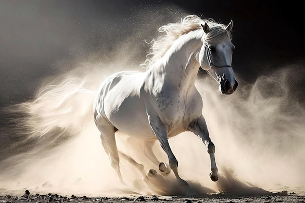 自然の背景に美しい白い馬が走っている画像 野生動物のイラスト ジェネレーティブ AI
