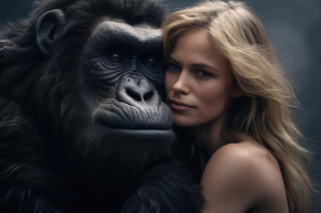 Image of beautiful woman and big gorilla expressing friendship Animal Illustration Generative AI