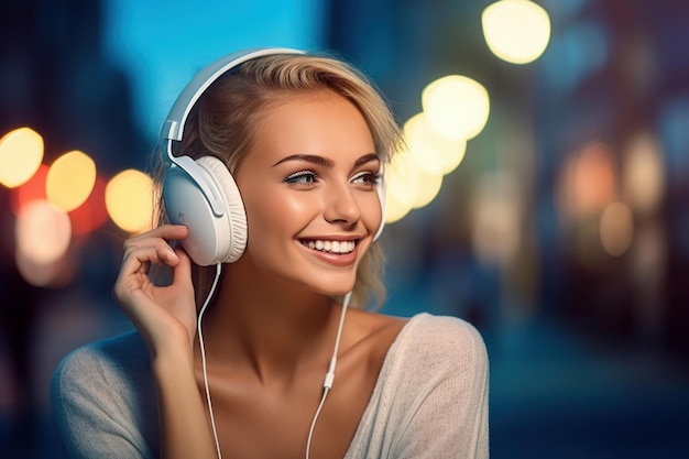 Image of a beautiful woman listening music with headphones Created with generative AI technology
