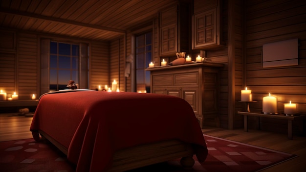 An image of a beautifully decorated massage room with dim lighting and calming ambiance