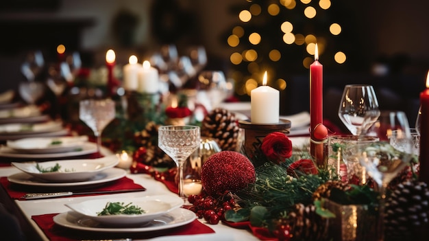 Изображение красиво накрытого обеденного стола с праздничными рождественскими украшениями