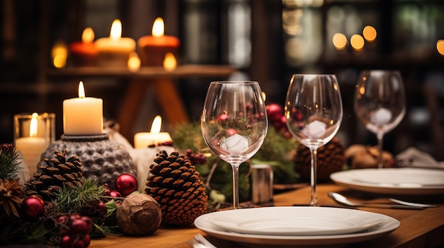 クリスマスの飾り付けが美しくセッティングされたダイニングテーブルのイメージ