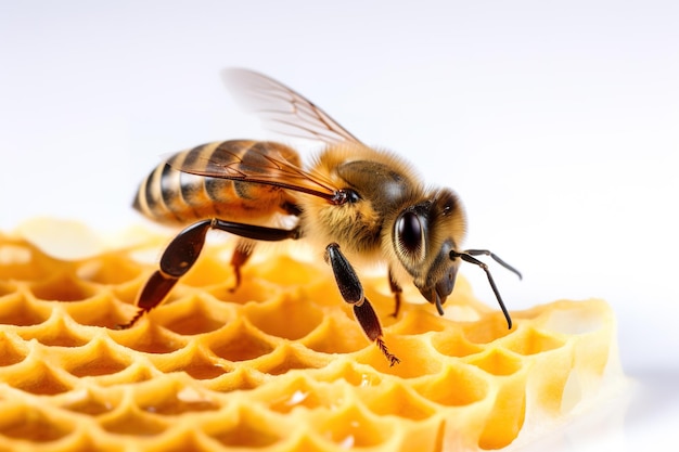 Image of bee eating nectar on a honeycomb on a white background Insect Illustration Generative AI