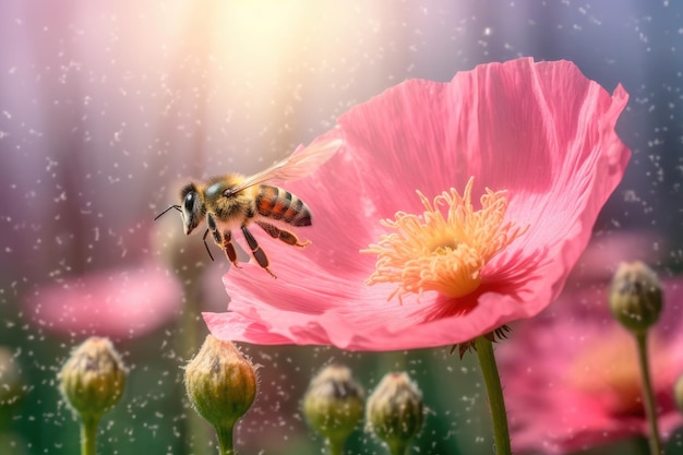 Image of bee flying over flower isolated on green background