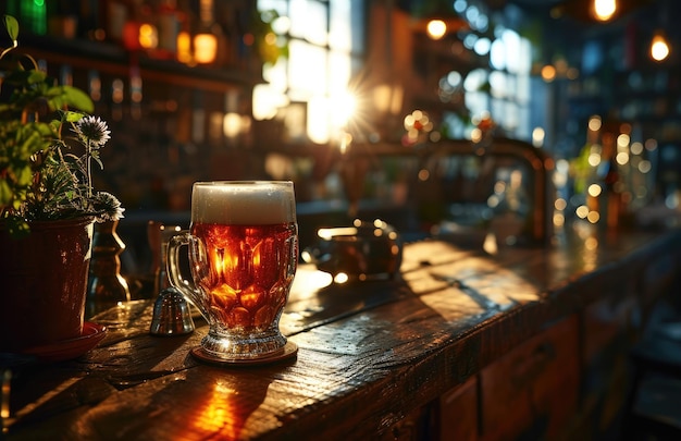 Foto un'immagine di un bicchiere di birra in cima a un bancone