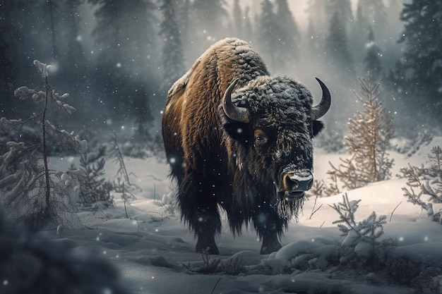 Image of bison standing in a forest with snow on natural background Wild Animals illustration Generative AI