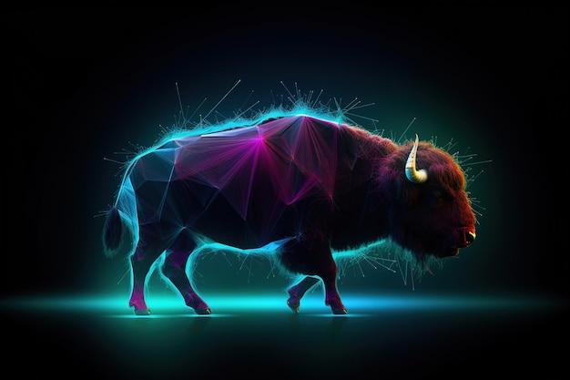 Photo image of a bison with light that is in the digital world on a dark background wildlife animals illustration generative ai