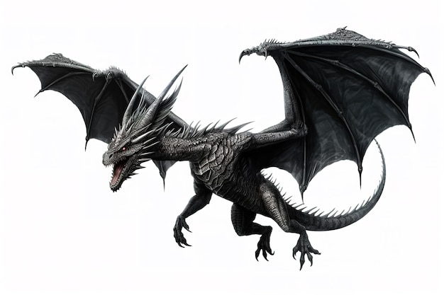 Image of the black dragon is flying on white background Mythical creatures Illustration Generative AI