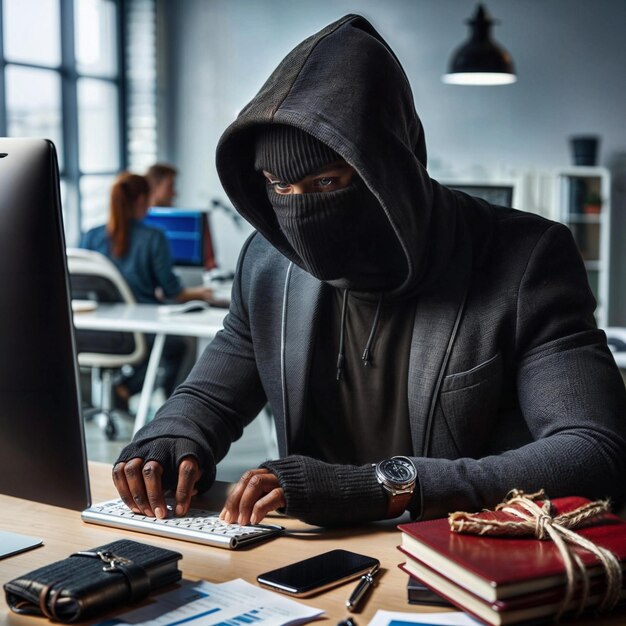 Photo image of a black hacker in an office
