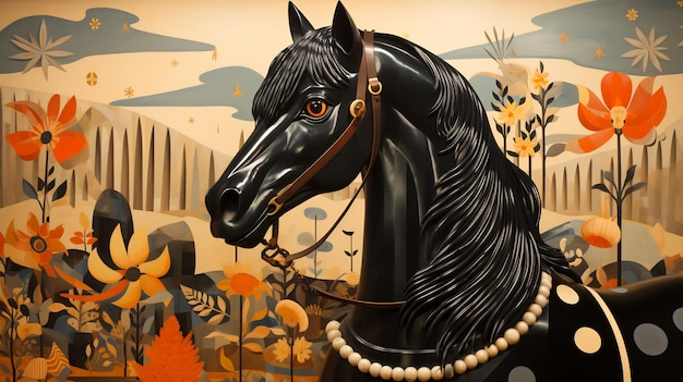 Image of black horse wearing bridle Generative AI