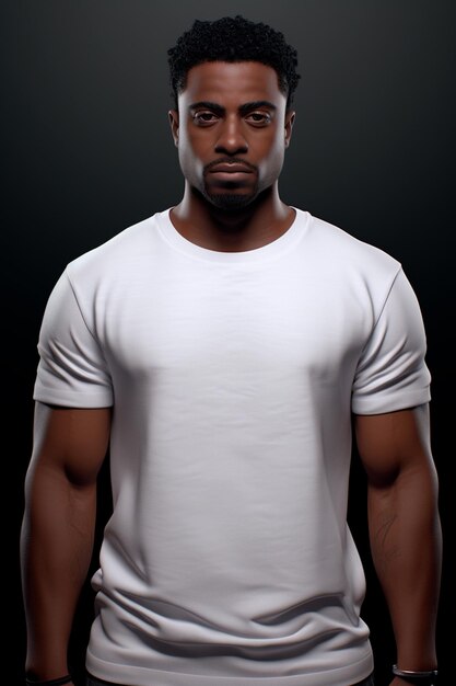 Image of a black man wearing a white tshirt on a dark background