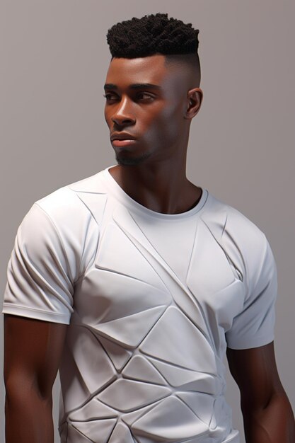 Image of a black man wearing a white tshirt on a light background