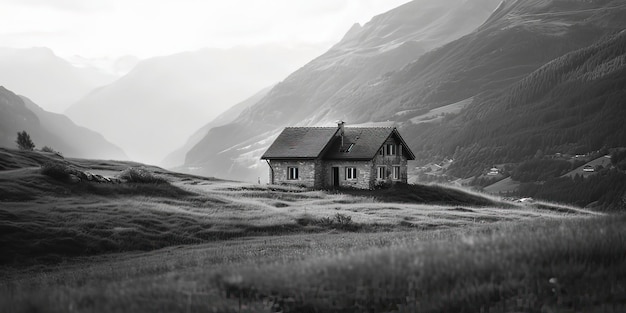 静かな山々に囲まれた黒と白のミニマリストの小さな家の画像 Generative ai