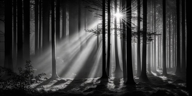 An image in black and white showing a foggy eerie forest with sunlight illuminating the tree trunks and branches