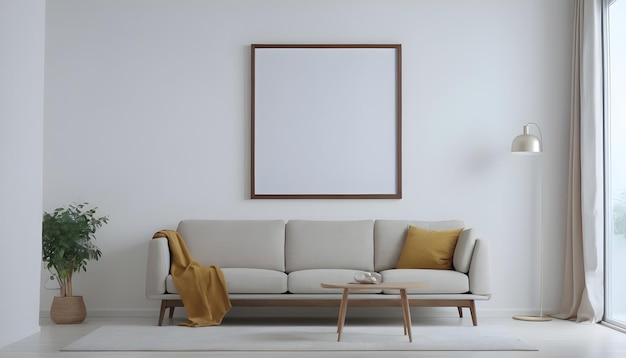 麗な家具を備えたミニマリストのリビングルームの白い壁にぶら下がっている白い写真のフレームの画像