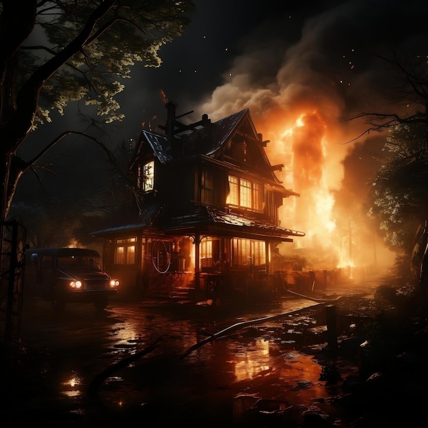 An image of a blazing house with a fire truck