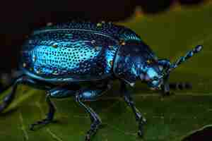 Photo image of a blue milkweed beetle on the leaf insect animals illustration generative ai