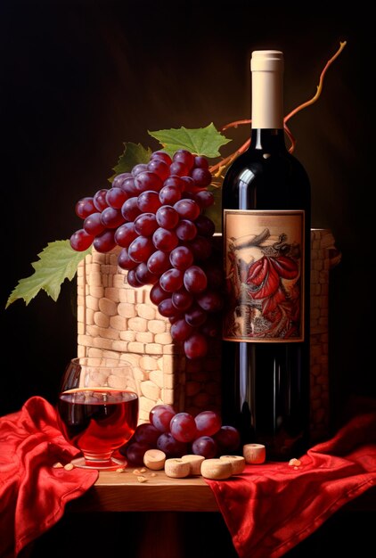 Photo image of a bottle of red wine with grapes next to it