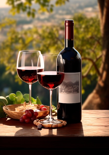 изображение бутылки красного вина с виноградом рядом с ним