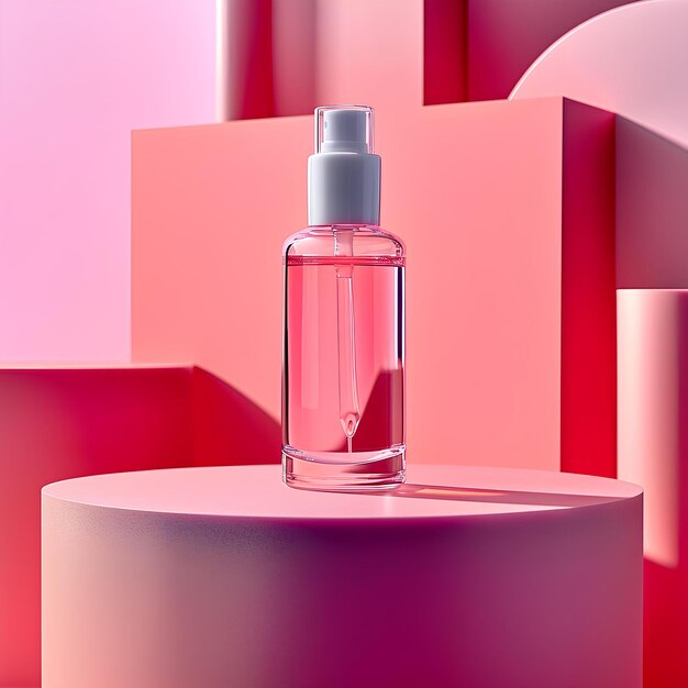 An image of a bottle of serum on pink