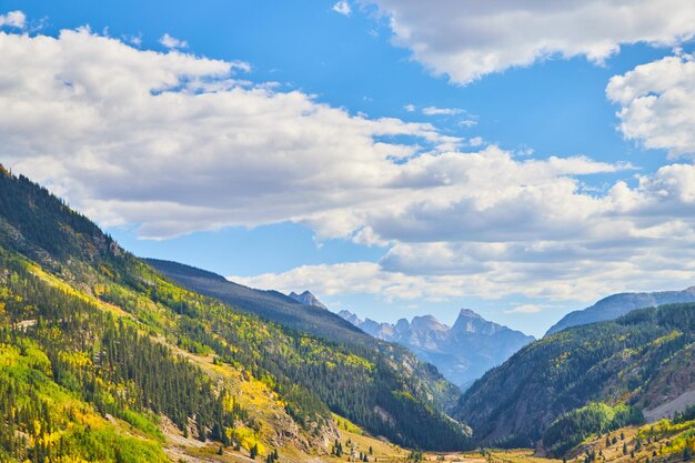 Image of Bottom of valley surrounded by vast mountains