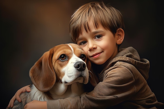 Image of boy hugging beagle dog showing friendship Pet People and pets