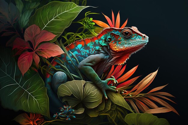 Image of brightly colored chameleons with colorful tropical flowers Reptile illustration Generative AI