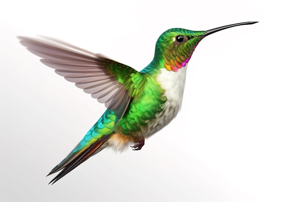 Image of brightly colored hummingbirds in flight on white background Wildlife Birds illustration generative AI