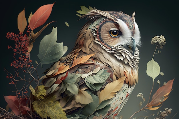 Image of brightly colored owl with colorful tropical flowers Reptile illustration Generative AI