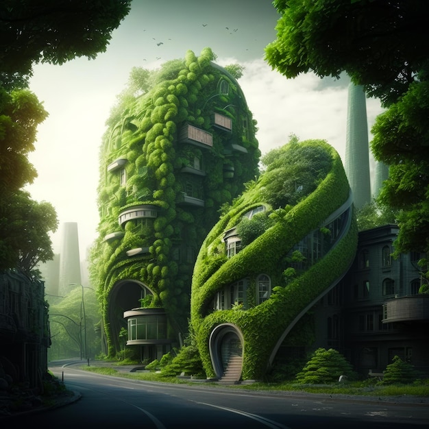 An image of building covered in green plants Generative AI