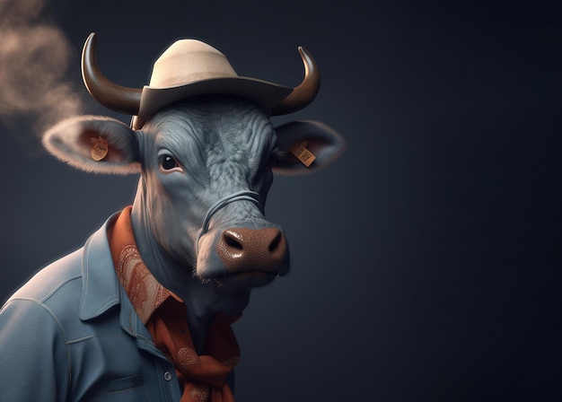 Image of of a bull dressed in denim shirt and wearing a hat on clean background Fashion Wildlife Animals Generative AI Illustration