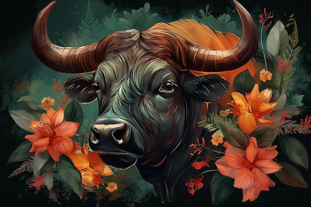 Изображение головы быка в тропических цветах Животные дикой природы Иллюстрация генеративный AI