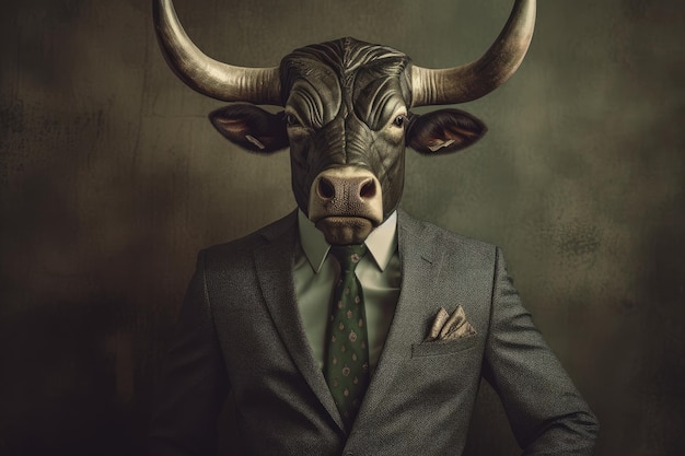 An image of a bull wearing a suit and tie an elegant animal representing a businessman Generative AI