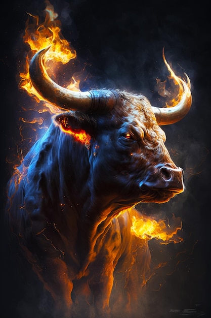 Photo image of bull with flames around it's eyes and horns generative ai