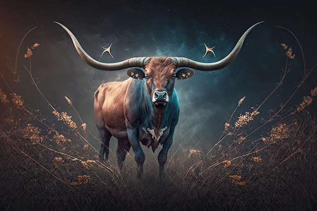 Image of bull with horns in field on dark background digital illustration generative ai