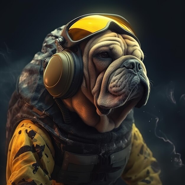 Image of a bulldog dressed in a tactical military outfit on a clean background Pet Animals Illustration Generative AI